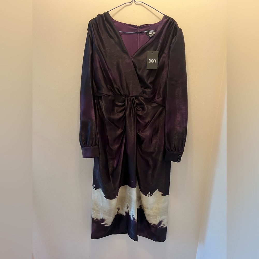 DKNY Purple Ruched Long Sleeve Cocktail Gown